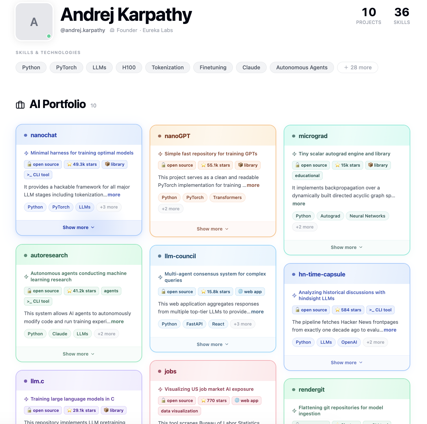 AgentFolio portfolio profile showing AI projects and technical stack
